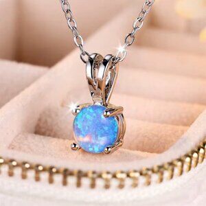 NEW 18k White Gold Blue Fire Opal Necklace Opal Pendant Necklace